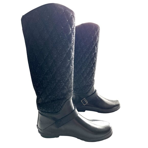 Sperry Top Sider Black Glitter Quilted Waterproof Rubber Rain Boots Size 9 - Picture 2 of 8